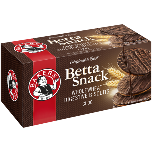 Bakers Betta Snack Milk Chocolate Flavoured Wholewheat Digestive Biscuits, 12x200g