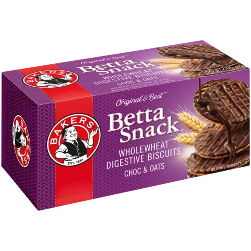 Bakers Betta Snack Chocolate & Oats Flavoured Wholewheat Digestive Biscuits, 12x200g