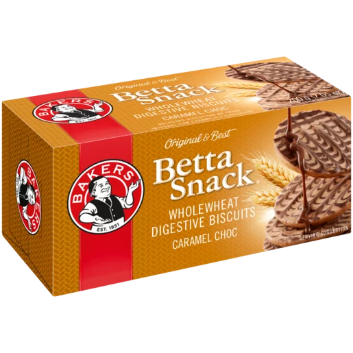 Bakers Betta Snack Caramel Chocolate Flavoured Wholewheat Digestive Biscuit, 12x200g