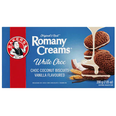 Bakers Romany Creams White Choc Vanilla Flavoured Biscuits, 12x200g